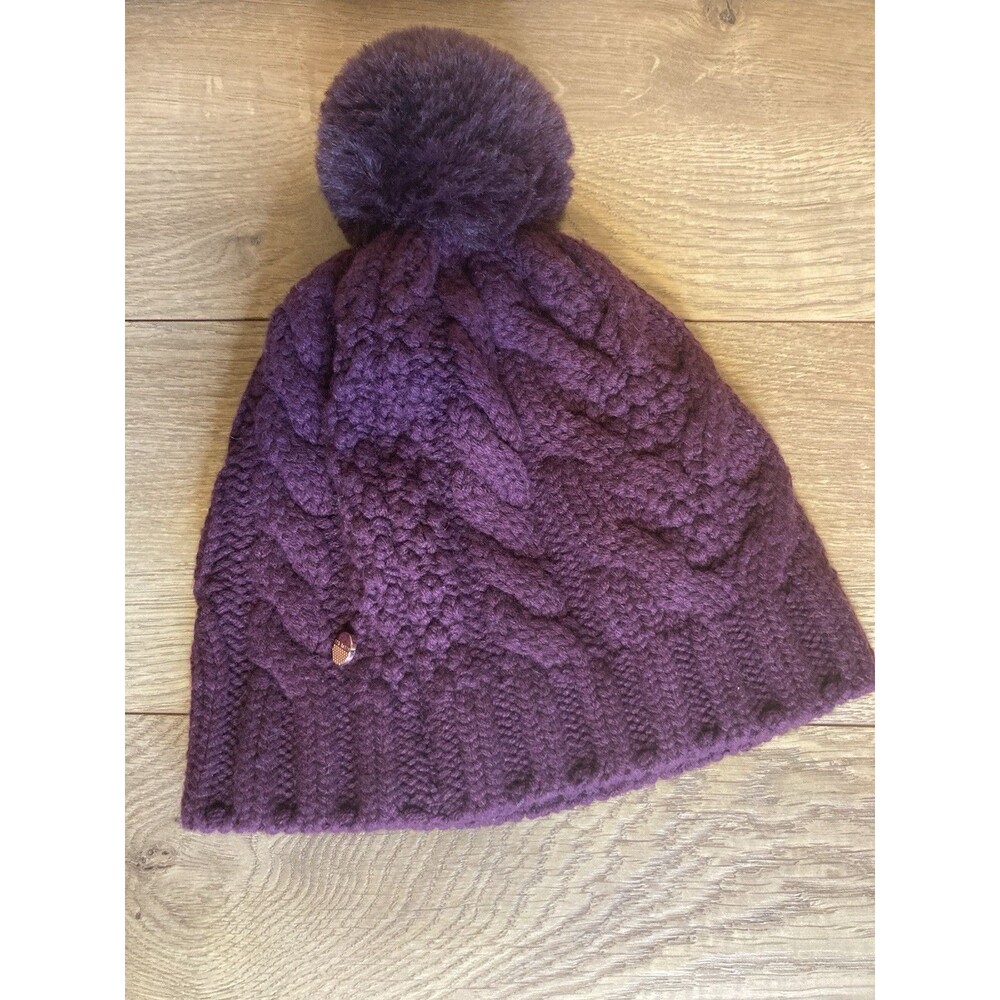 Ted Baker Beanie Hat Knit Wool Blend Pom Pom Purple Burgundy Rose Gold Charm